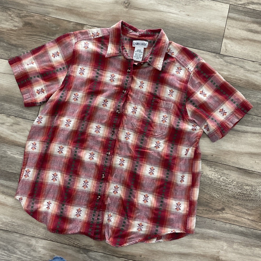 VTG Cabin Creek Southwestern Plaid Short Sleeve Button Up Shirt Red 22W